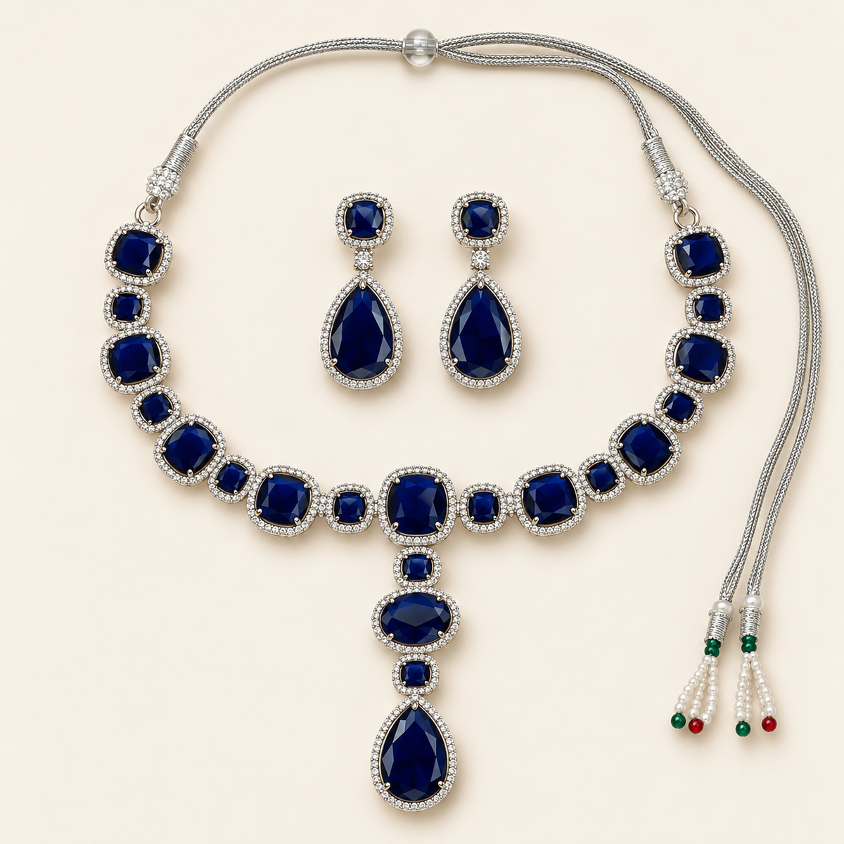 Deep Blue Oval Y-Necklace and Earrings Set