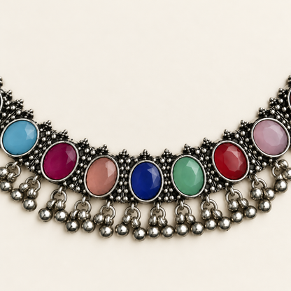 Multicolour Oval Necklace and Maang Tikka Set