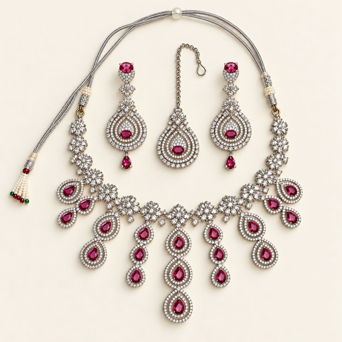 Pink Teardrop Cascade Necklace Set