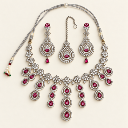 Pink Teardrop Cascade Necklace Set