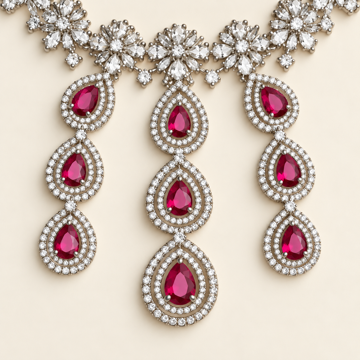 Pink Teardrop Cascade Necklace Set