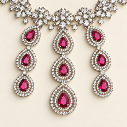 Pink Teardrop Cascade Necklace Set
