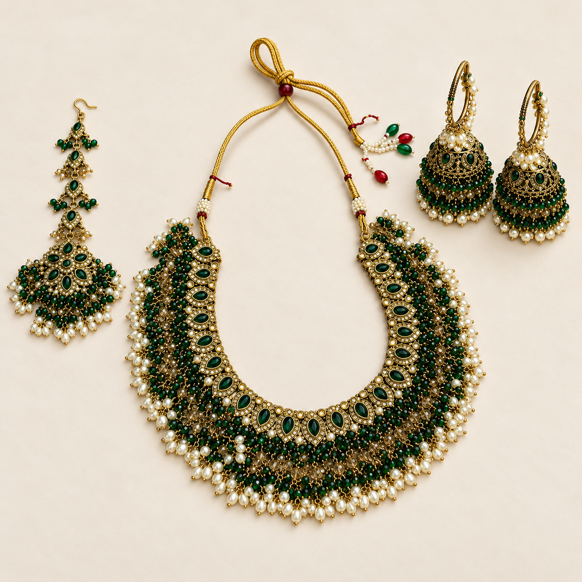 Green Bead Fringe Necklace Set with Jhumka Earrings
