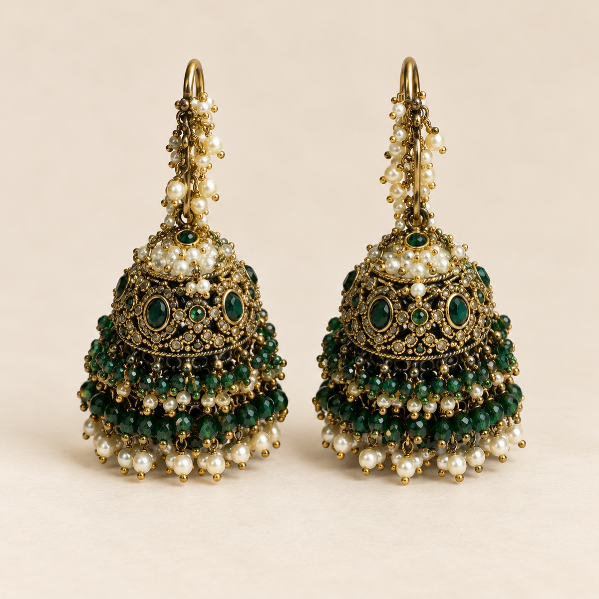 Green Bead Fringe Necklace Set with Jhumka Earrings — components