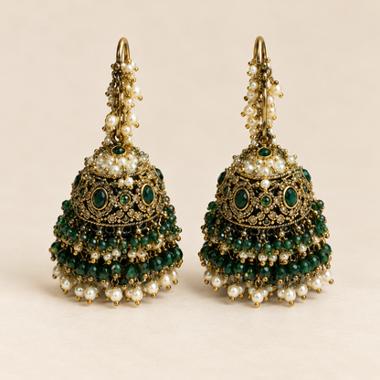Green Bead Fringe Necklace Set with Jhumka Earrings — components