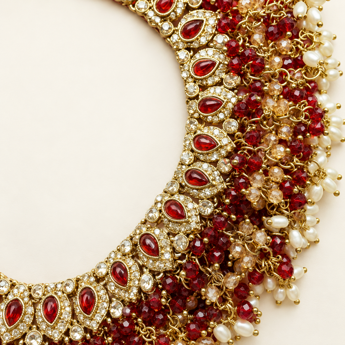 Red Bead Fringe Necklace Set with Hoop Jhumka Earrings — necklace detail