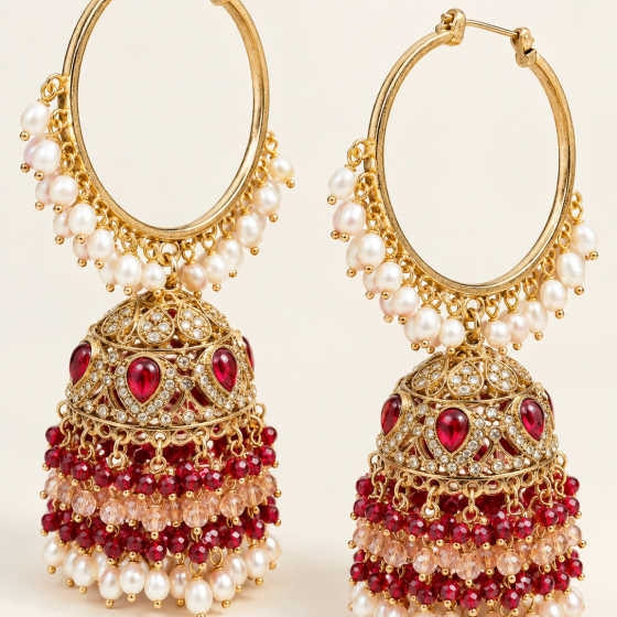 Red Bead Fringe Necklace Set with Hoop Jhumka Earrings — earring pair