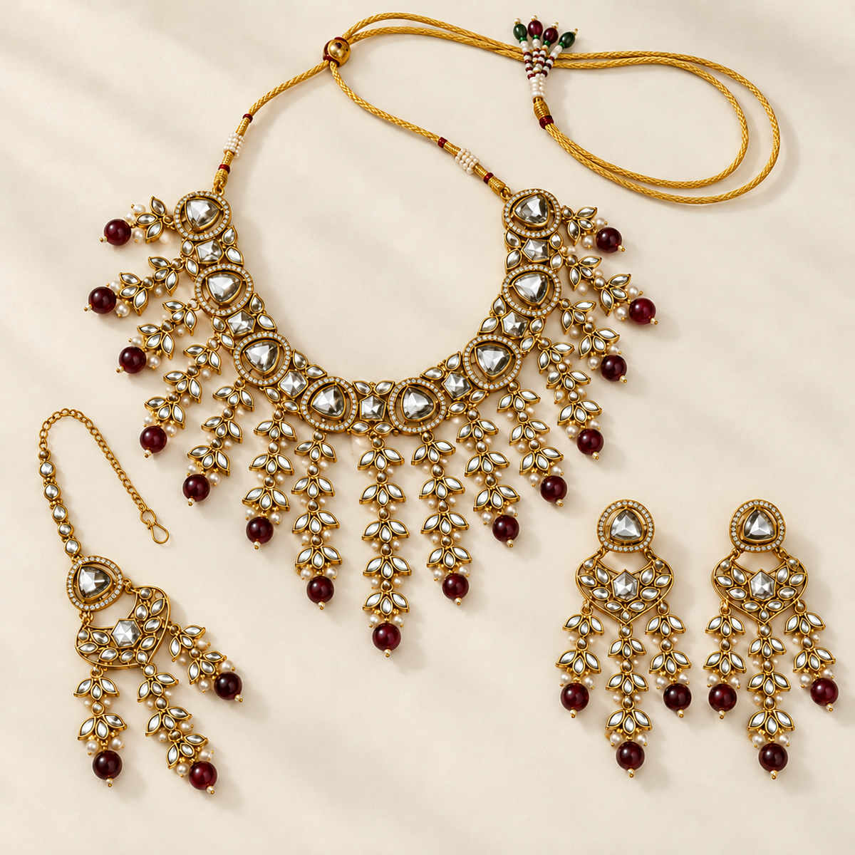 Sieradenset met bladranken en bordeauxrode hangers — plat neergelegde set