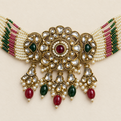 Roze-groene sieradenset met kralen en medaillon — detail van de set
