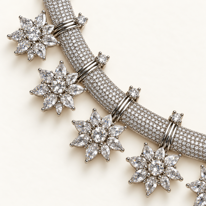 Zilverkleurige sieradenset met stervormige motieven — detail van de ketting
