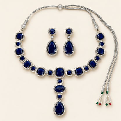 Deep Blue Oval Y-Necklace and Earrings Set