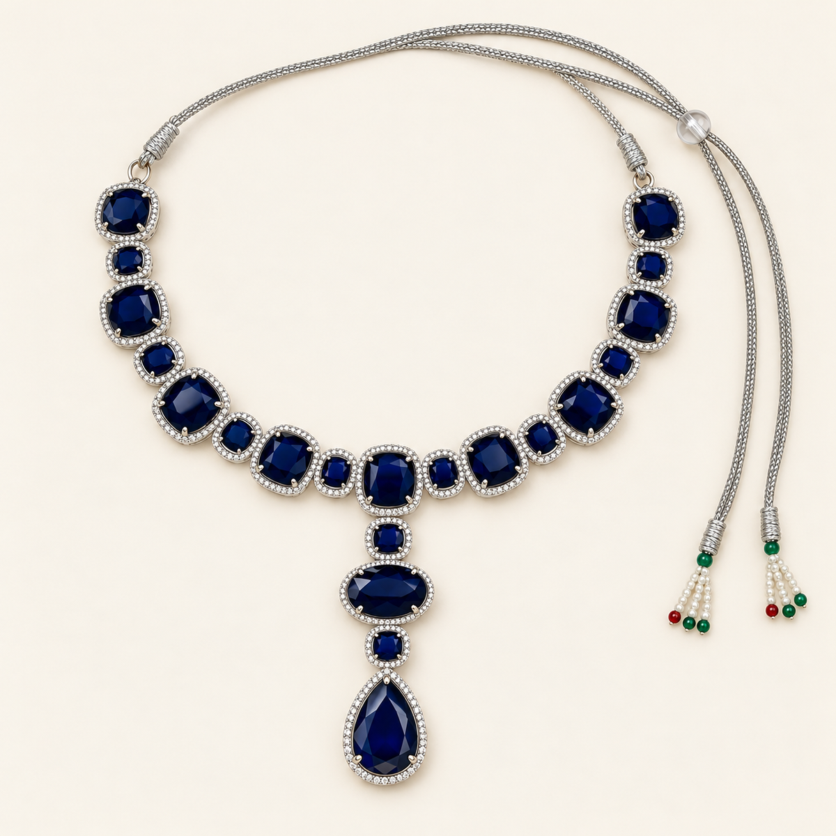 Deep Blue Oval Y-Necklace and Earrings Set