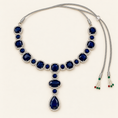Deep Blue Oval Y-Necklace and Earrings Set