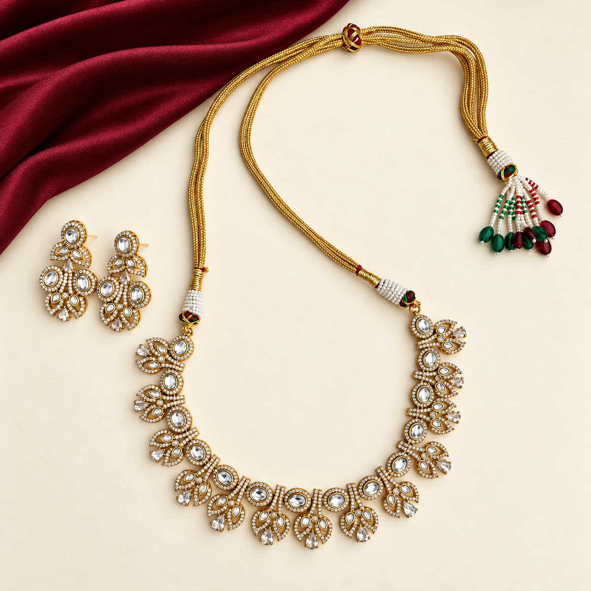 Sieradenset met heldere ovale accenten en oorbellen — complete ketting en oorbellen op ivoorkleurige achtergrond, met een gedeeltelijk bordeauxrood stoffen accent