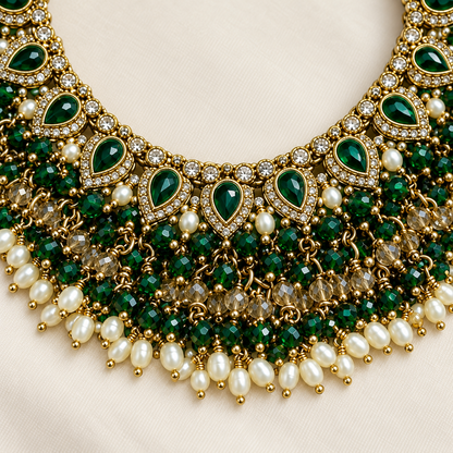 Green Bead Fringe Necklace Set with Jhumka Earrings