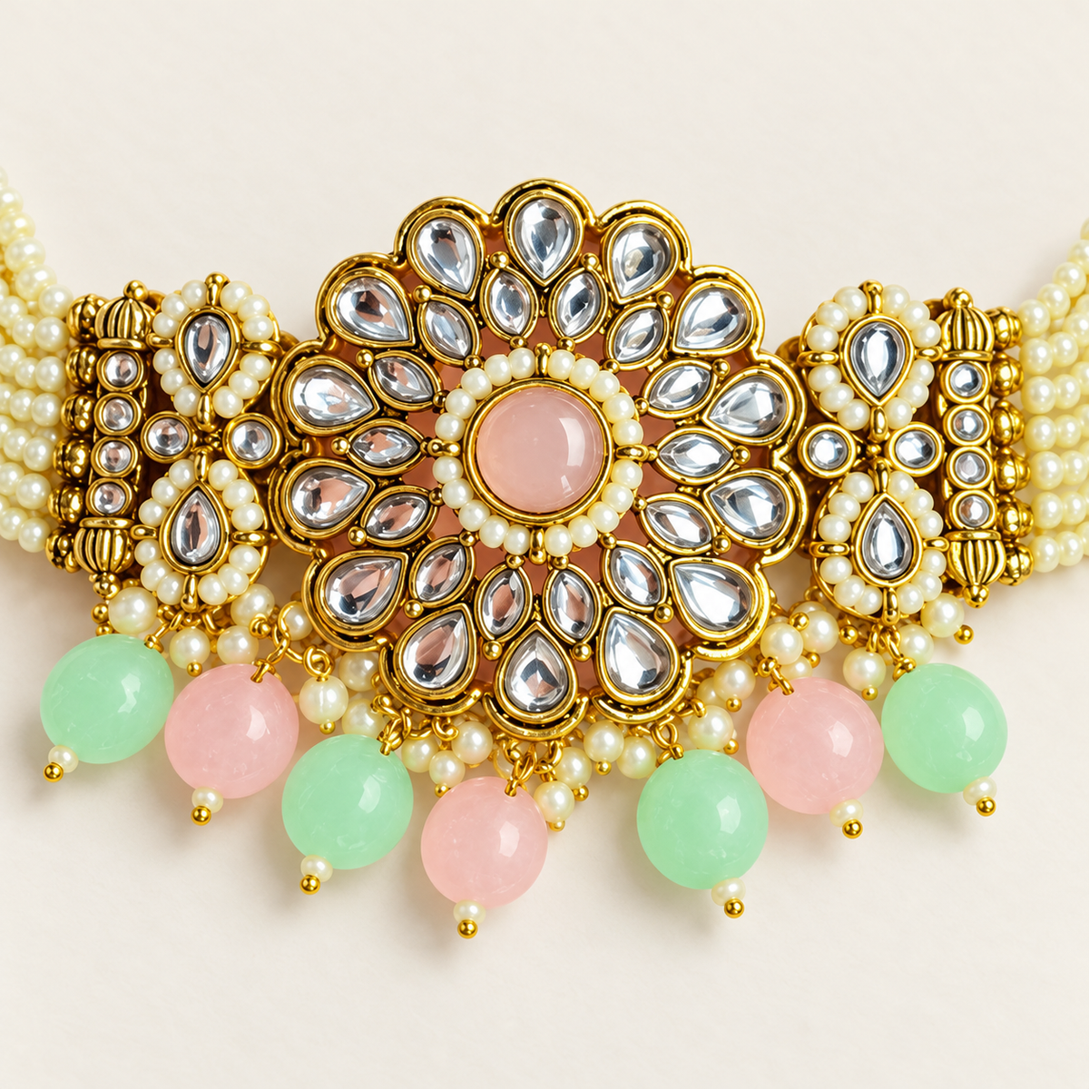 Roze-mintgroene sieradenset met bloemen en kralen — detail van de ketting