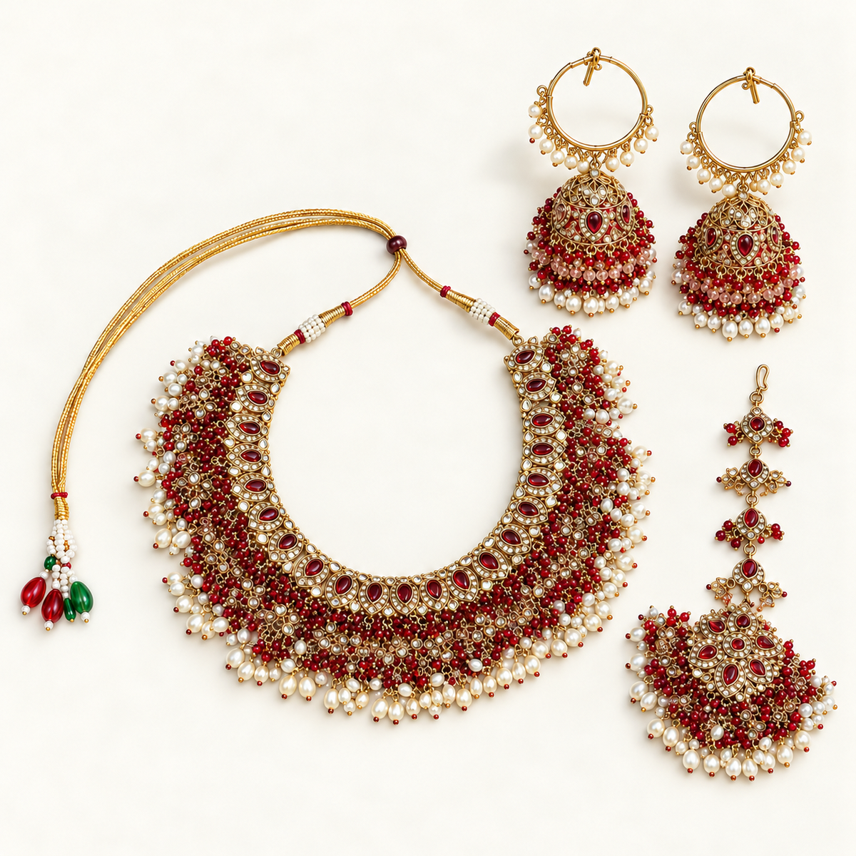Red Bead Fringe Necklace Set with Hoop Jhumka Earrings — P18 04 full set flatlay Adobe Finished