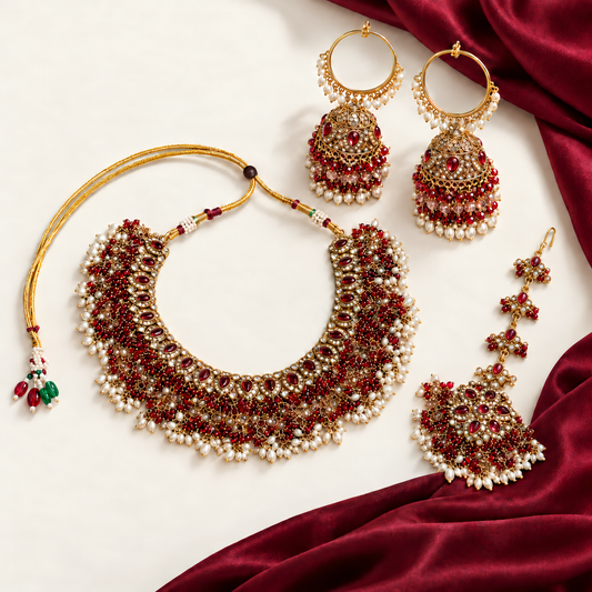 Rode sieradenset met kralenfranjes en jhumka-oorbellen — met een bordeauxrood stoffen accent
