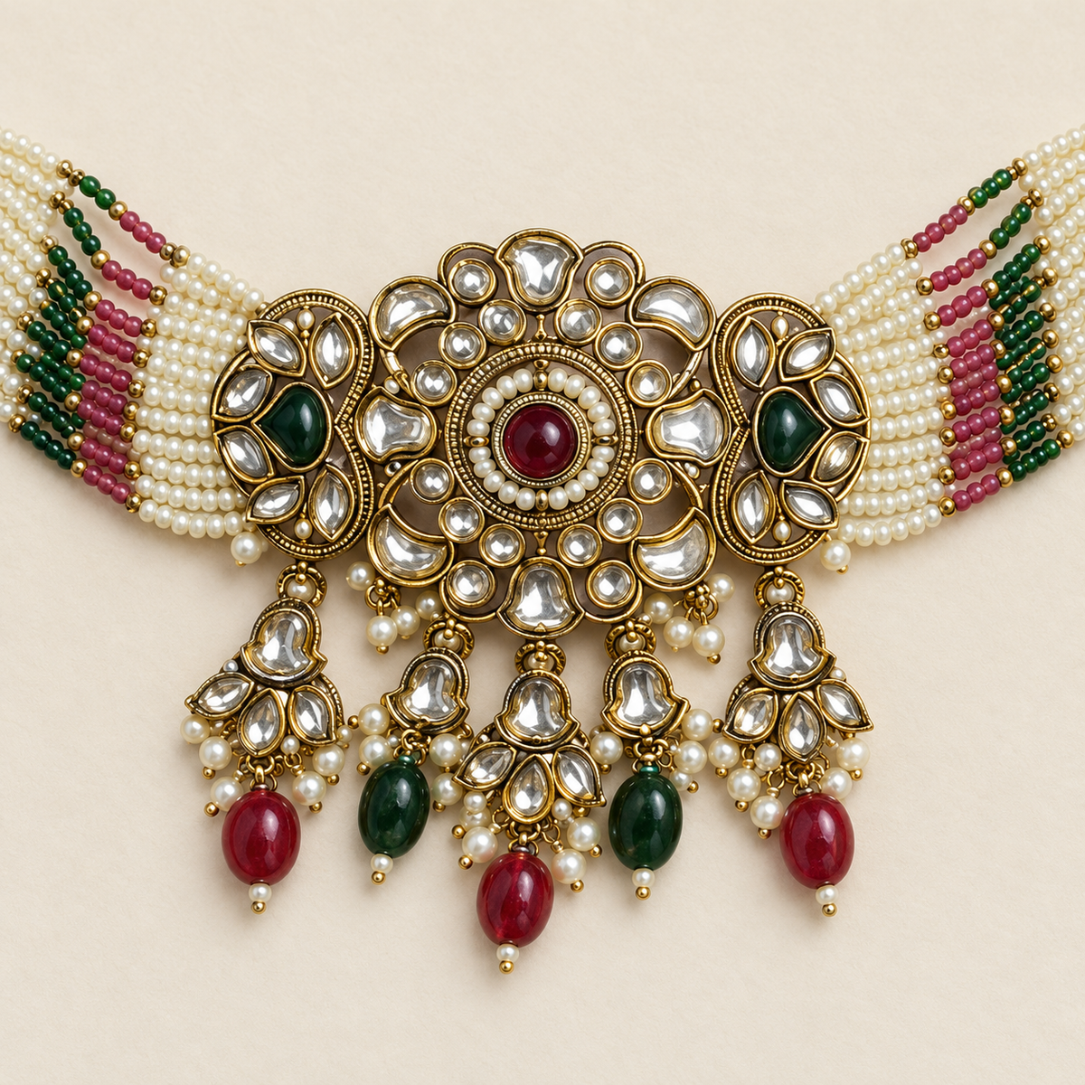 Roze-groene sieradenset met kralen en medaillon — close-up van de set