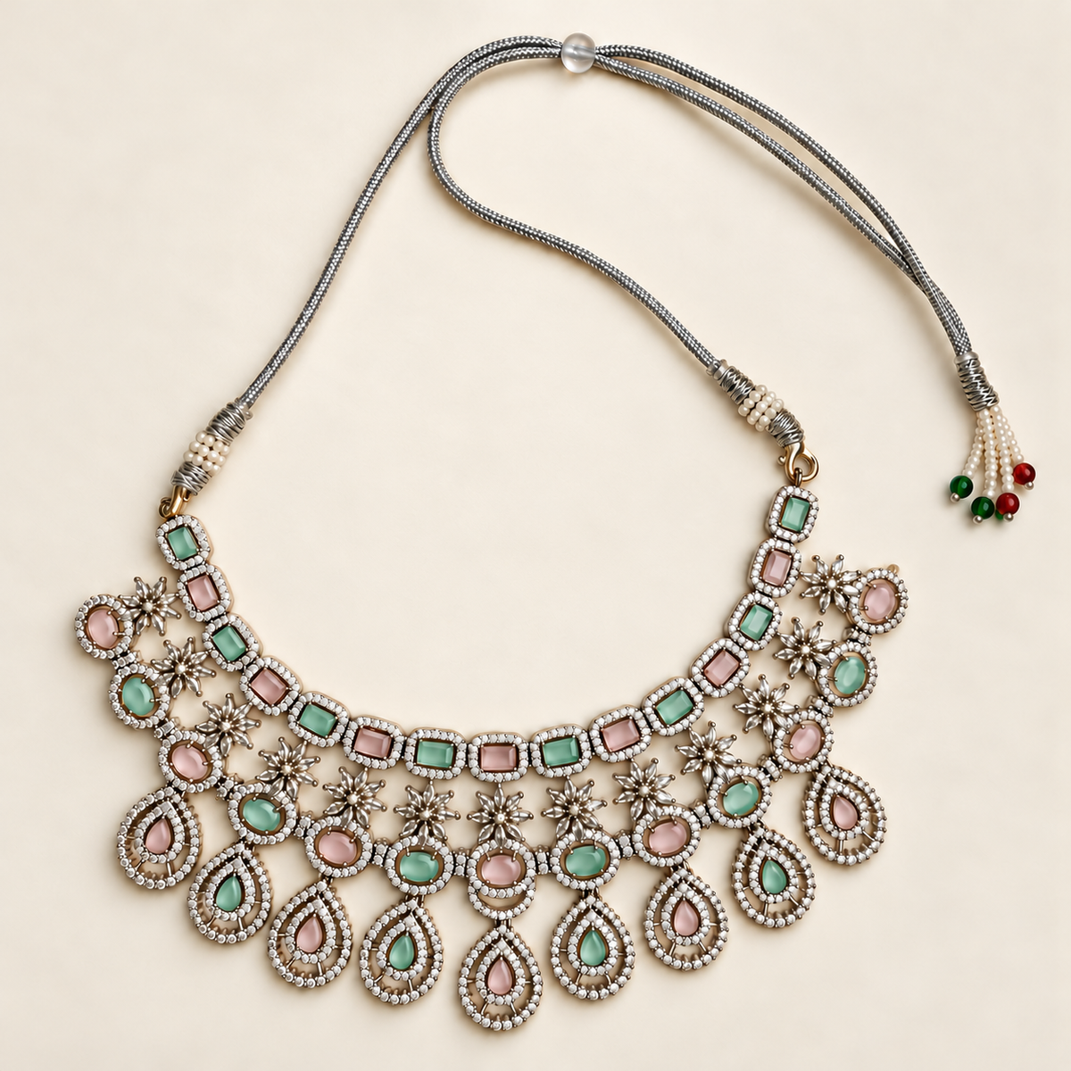 P03 mint and pink necklace with fastening cords on ivory