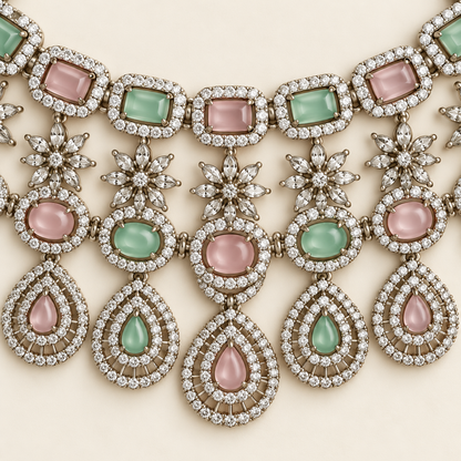 P03 necklace close-up showing mint and pink settings, floral links and open teardrops