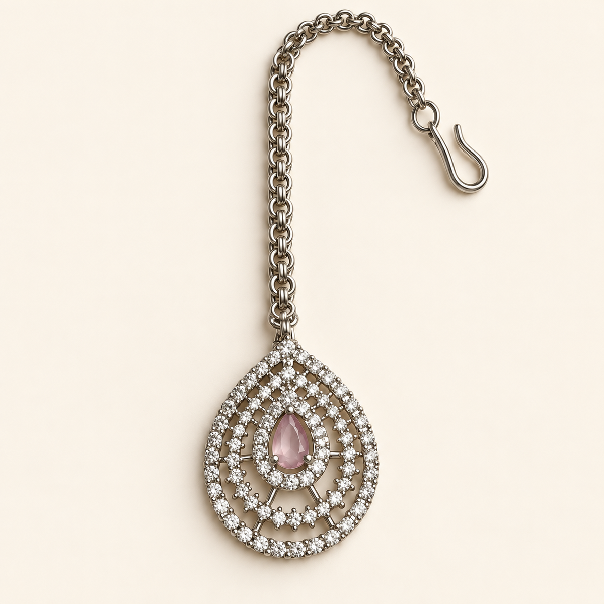 P03 pink maang tikka with chain and hook on ivory