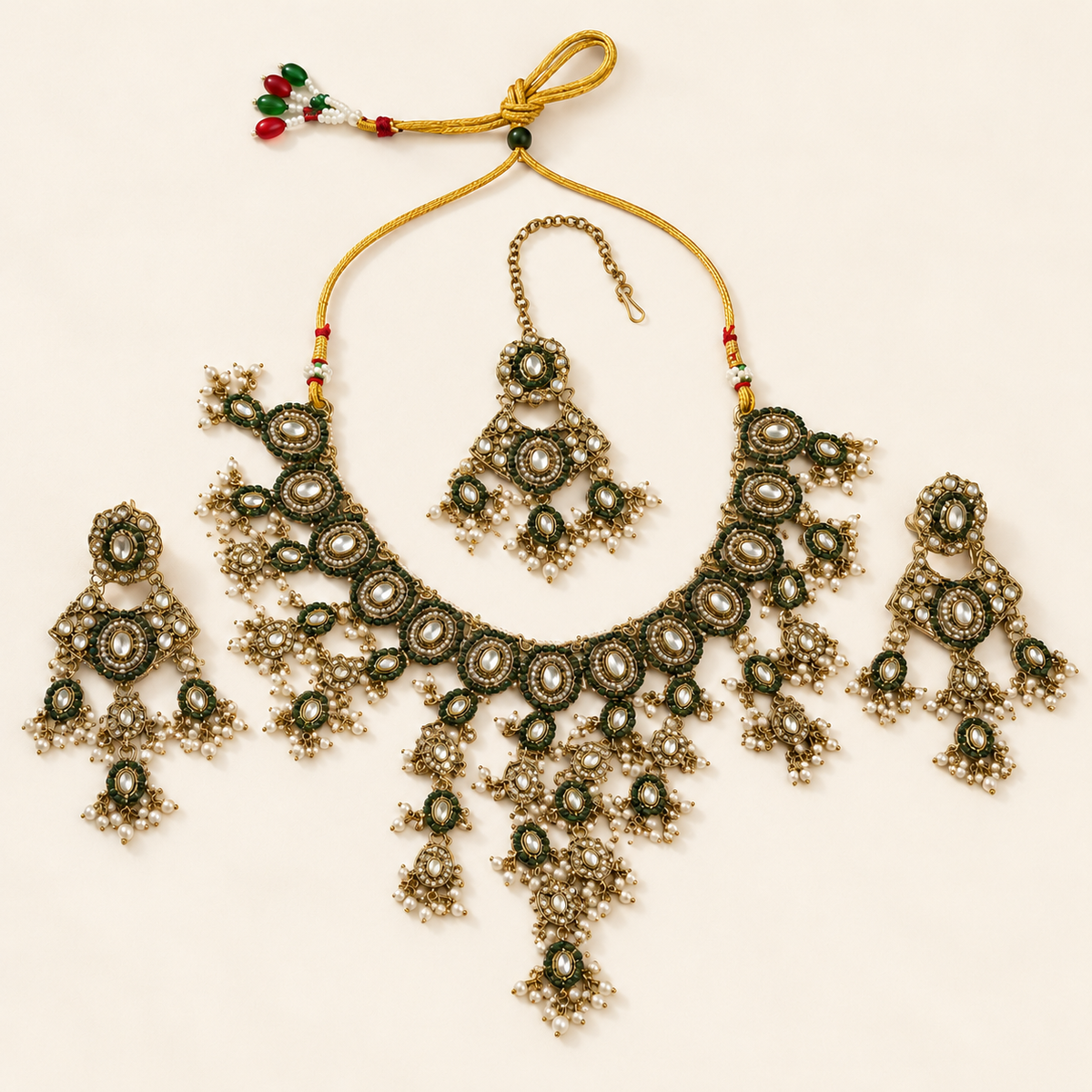 P06 olive green floral necklace set — complete set on ivory