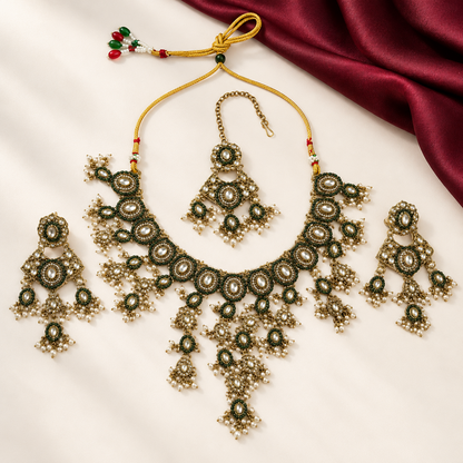 P06 olive green floral necklace set — complete set with partial burgundy cloth