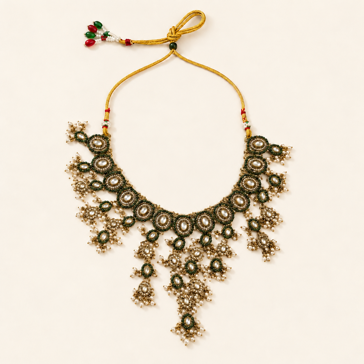 P06 olive green floral necklace set — necklace only
