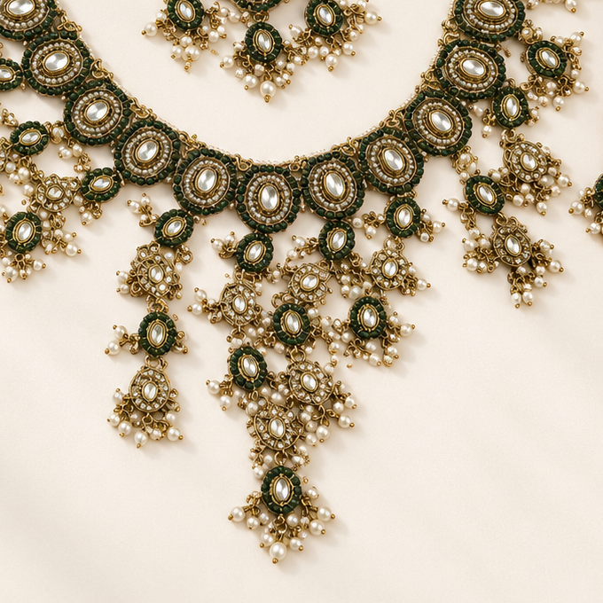 P06 olive green floral necklace — photographed centre detail with its original linked drops