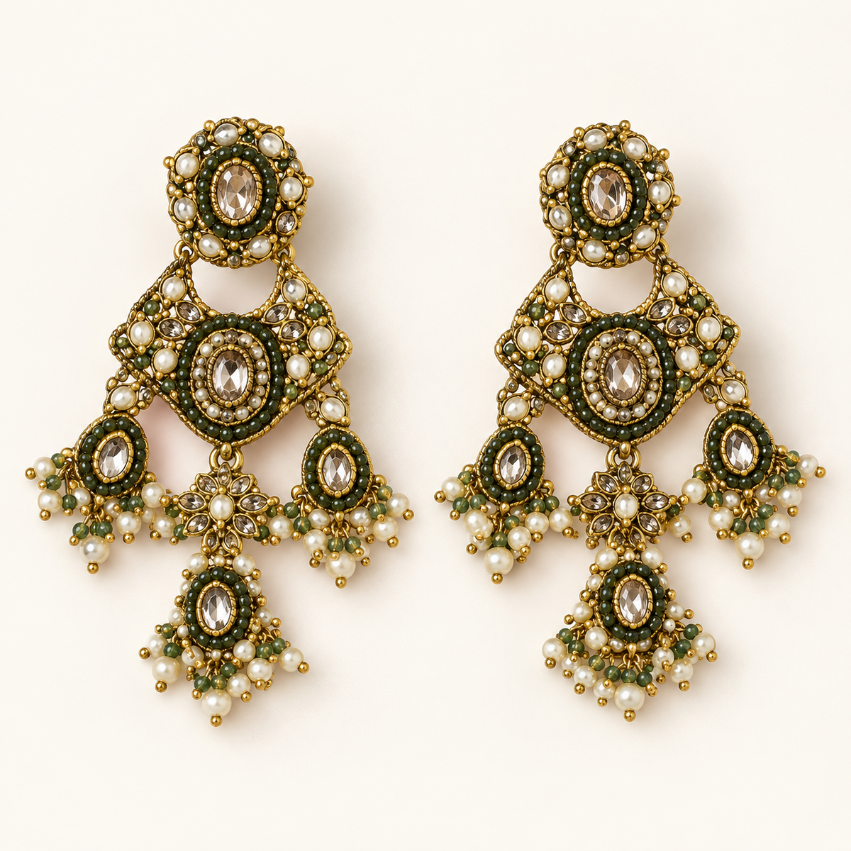 P06 olive green floral necklace set — both earrings